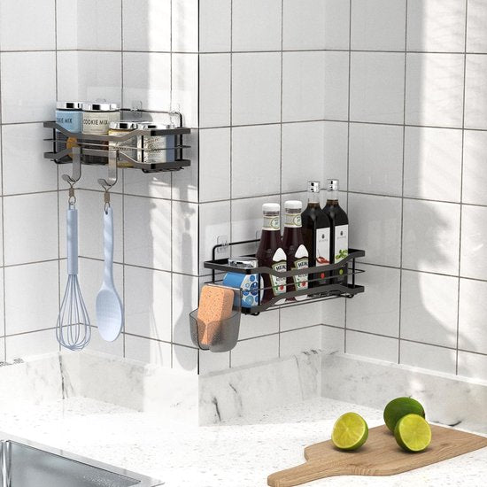 Shower Shelf, No Drilling, Pack of 2 Shower Shelves, Black, Stainless Steel Shower Basket with 8 Accessories, Rustproof Bathroom Shelf, Self-Adhesive Shampoo Holder