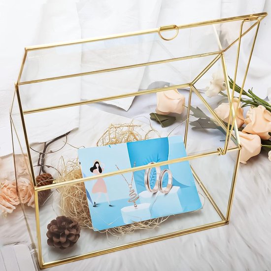 Glazen bruiloftskaartenbox, 25 cm, handgemaakte gouden terrarium, glazen doos voor bruiloften, recepties, tafeldecoratie, cadeau