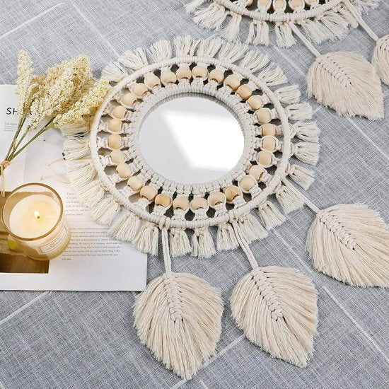 Macrame wandspiegel wanddecoratie ronde spiegel boho hangende wandspiegel met macrame veer handgemaakt