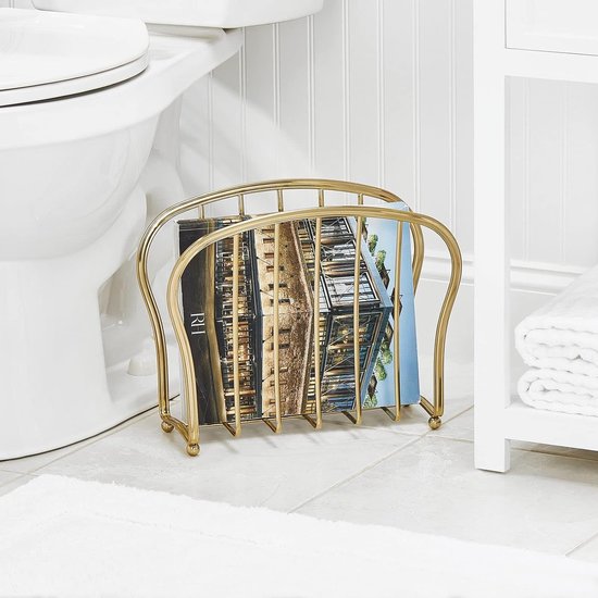 Decoratieve krantenhouder voor tijdschriften, boeken of tablets, vrijstaande tijdschriftenverzamelaar voor woonkamer of badkamer, elegante krantenmand van metaaldraad, messingkleuren