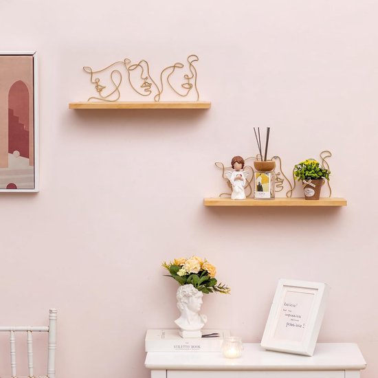 Wandrek, hout, metaal, zwevende plank, wanddecoratie, goud, set van 2, wandplanken, moderne wandplanken, decoratie, woonkamer, 40 cm, abstract, esthetische kunst