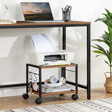 Mobiele printer standaard, 2-laags printerwagen met bovenrek, wagen voor de bovenste berg op het bord met 2 haken en 4 wielen, wagen voor thuiskantoor, rustiek bruin