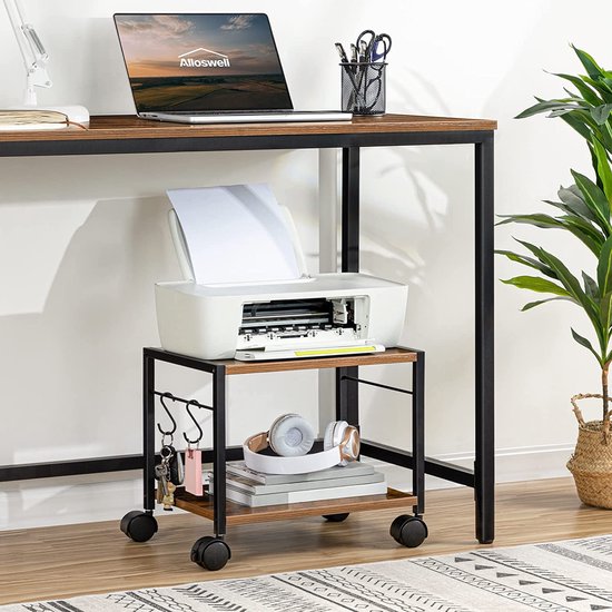Mobiele printer standaard, 2-laags printerwagen met bovenrek, wagen voor de bovenste berg op het bord met 2 haken en 4 wielen, wagen voor thuiskantoor, rustiek bruin