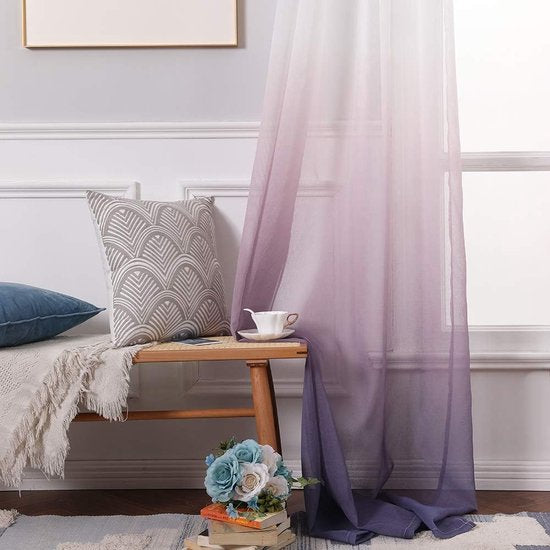 Set of 2 Transparent Curtains, Colour Gradient, Voile Sheer Curtains with Eyelets, Decorative Window Curtain for Bedroom and Living Room, 245 cm x 140 cm (H x W), White & Purple