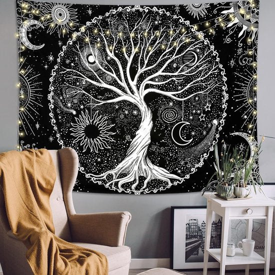 Tree of Life Tapestry Black White Sun Moon Tapestry Galaxy Space Tapestry Black Aesthetic Tapestry Wall Hanging for Bedroom M/130cmx150cm