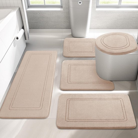 Badkamertapijten, 5-delig, zachte badmat van traagschuim, U-vormige wc-mat, antislip, wasbaar, beige