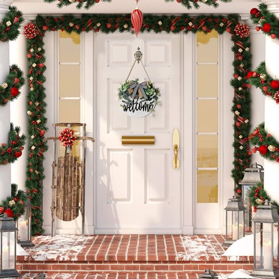 Welkomstbord voor de voordeur, welkomskransen, houten bord voor op de boerderij veranda, decoratief houten deurkrans, zomerse buitenversiering, hangend cadeau, ambachtelijk gemaakt, 30 x 30 cm (wit)