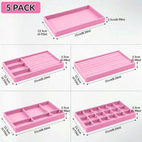 Set van 5 stapelbare, veelzijdige roze fluwelen sieradenorganizers, 21 x 12 x 2,4 cm, perfect voor oorbellen, halskettingen, armbanden en ringen, sieradenkistjes