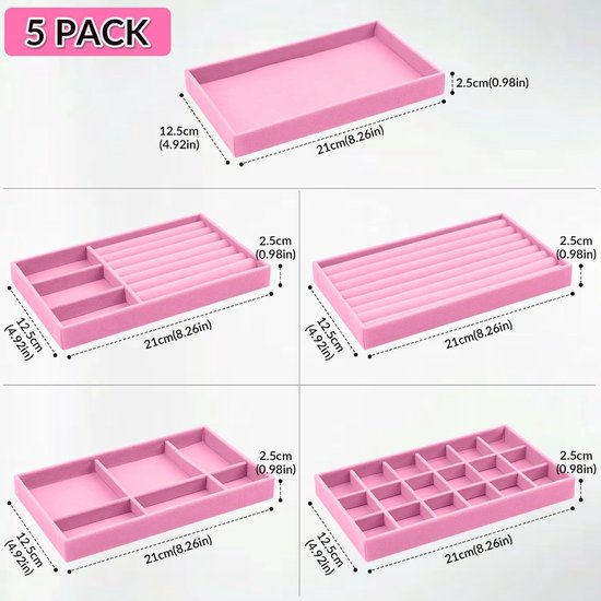 Set van 5 stapelbare, veelzijdige roze fluwelen sieradenorganizers, 21 x 12 x 2,4 cm, perfect voor oorbellen, halskettingen, armbanden en ringen, sieradenkistjes