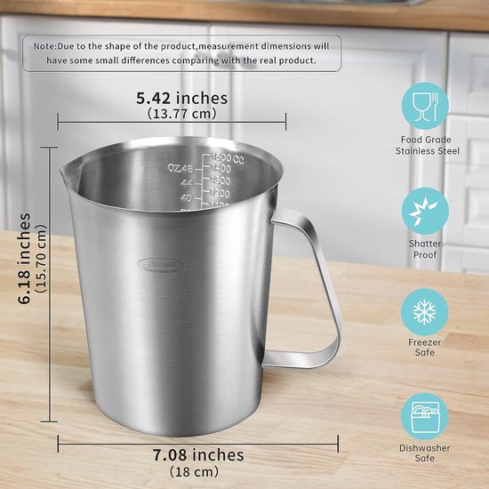 maatbeker van roestvrij staal, 1500 ml, 3 maat kommen, inclusief cup kom, ML kom, OZ kom, dubbele maatbeker, melkkannetje met markering met handgreep, maatkan melkkancher