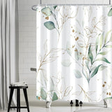 Eucalyptus Shower Curtain, Green Gold Leaves, Textile Shower Curtain, Anti-Mould, Waterproof, Polyester Fabric, Washable, Opaque, Bathroom Curtain with 12 Hooks, 180 W x 220 L cm