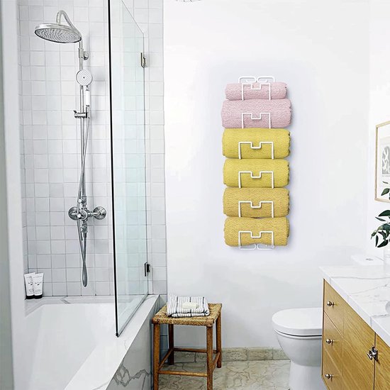 Handdoekhouder voor wandmontage, hangende handdoekstang voor badkamer met 6 vakken, badhanddoekhouder, gastendoekjeshouder, ruimtebesparend badkameraccessoire, handdoekhouder (wit)