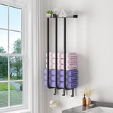 Towel Rail Black Bathroom Towel Holder with Shelf and 3 Towel Hooks, Wall Mounted Towel Holder with 3 Bars for 7 Large Bath Sheets, Guest Towel Holder Towel Holder for Bathroom