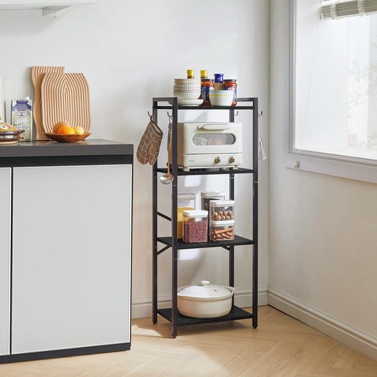 Boekenrek, 4 verdiepingen opbergrek, plantenrek, opbergrek met stalen frame, voor woonkamer, kantoor, werkkamer, hal, industriële stijl, zwart