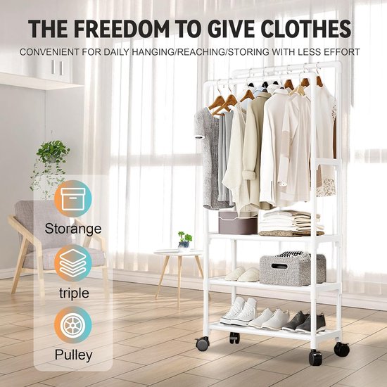 Kledingrek, kledingstang, kledingrek op wieltjes, kledingstang rollen, kledingrek stabiel, kledingrek met wielen met 3 lagen opbergvakken (wit)
