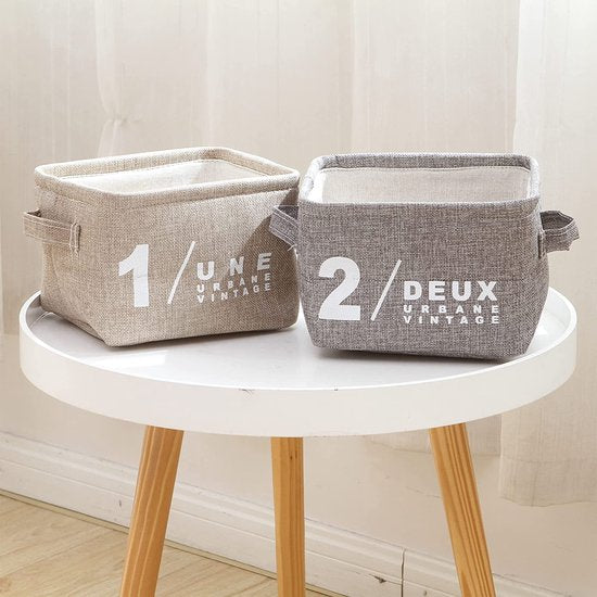 mini vierkante grijze en witte themamanden, opbergmanden van 100% linnen en katoen, opbergmanden voor planken en bureaus, set van 4