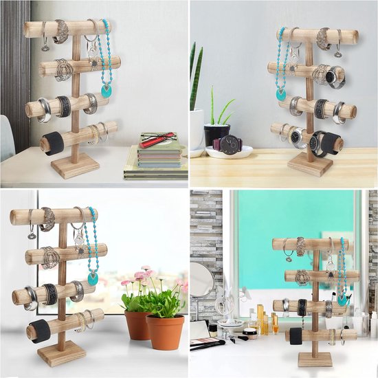 4 niveaus sieradenstandaard, houten kettingen, opbergen, sieradenorganizer, 48 cm hoog, sieradenboom voor kettingen, armbanden, horloges, scrunchies en armbanden, T-bar, nachtkastorganizer,
