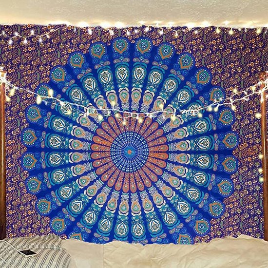 blue colour mandala wall tapestry, psychedelic Indian peacock bed linen, Bohemian, hanging flower pattern bed, Hippie tapestry