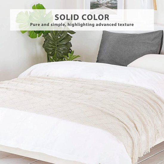Gebreide deken met kwast, effen, geometrisch patroon, knuffeldeken, gebreide deken, sprei, bankdeken, decoratieve deken voor bank, bed, 170 x 130 cm
