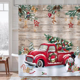 Shower Curtain Christmas Red Truck Christmas Tree Snowman Shower Curtains 180 x 180 cm Anti-Mould Waterproof Polyester Fabric Washable Bathroom Curtain for Bathroom with 12 Hooks