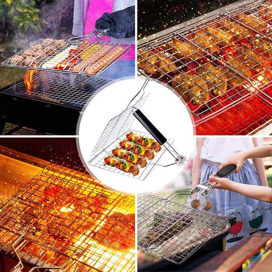 E-More BBQ grillmand, Draagbare opvouwbare roestvrijstalen barbecuegrillmand voor gebraden vis groenten garnalen steak, met afneembare houten handvat, 2 rijgen borstels en opbergtas,