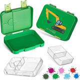 Bento Box lunchbox voor kinderen, met 4 + 2 vakken, extreem robuust, broodbox, ideaal voor kleuterschool en school (groen, graafmachine)