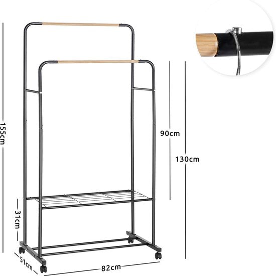 Kledingrek op wieltjes, stabiele kapstok van metaal, dubbele kledingstangen met 2 planken, belastbaar, industriële stijl, 82 x 51 x 155 cm, zwart