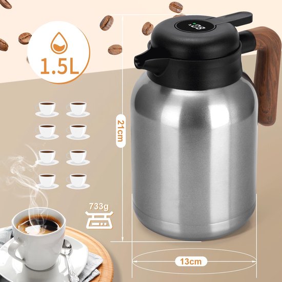 Thermoskan, 1,5 l, koffiepot van dubbelwandig 304 roestvrij staal, thermotheepot met afneembare theezeef, thermoskan met houten handvat, 12 uur warmte/18 uur koud (zilver)