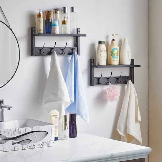 Wandkapstok met plank, set van 2 wandrekken in één pakket, garderobehaken met 8 dubbele haken, 80 cm voor hoeden, kleding, decoratie in de ingang, hal, keuken, slaapkamer, zwart