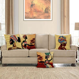 Set van 4 kussenslopen, Afrikaanse vrouwen, 45 x 45 cm, etnische stammen, polyester, linnen, decoratieve kussenovertrekken voor bank, slaapkamer, woonkamer, auto, woondecoratie