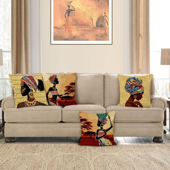 Set van 4 kussenslopen, Afrikaanse vrouwen, 45 x 45 cm, etnische stammen, polyester, linnen, decoratieve kussenovertrekken voor bank, slaapkamer, woonkamer, auto, woondecoratie