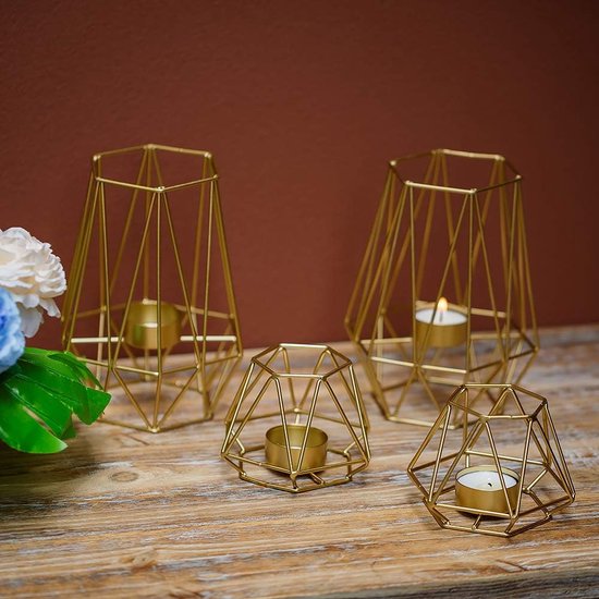 Set van 2 kandelaars van smeedijzer in geometrische vorm, goudkleurige kandelaar als tafeldecoratie, sierkandelaar voor avondeten, bruiloft, feest, aroma, kandelaarset