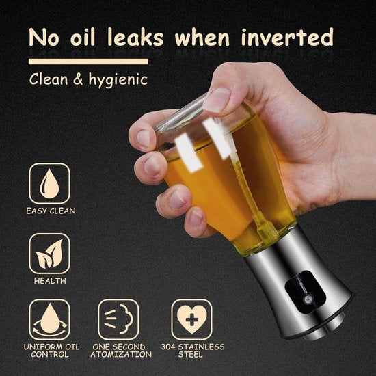 Oliesproeier voor spijsolie, spuitfles, olie, glas, roestvrij staal, oliespray voor het koken, olijfolie, oliedispenser, verstuiver, oliespray, levensmiddelecht, caloriearm, voor