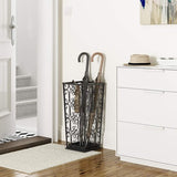 Grote zwarte metalen paraplubak, wandelstok, thuiskantoor, hal, opbergruimte, met 4 haken aan de bovenkant en een bodem die regenwater lekt, 56 x 25 x 25 cm