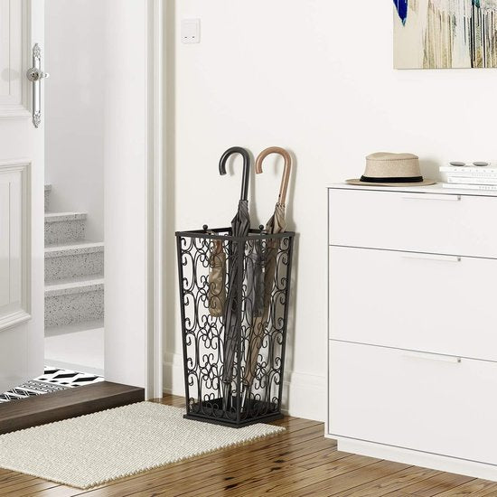 Grote zwarte metalen paraplubak, wandelstok, thuiskantoor, hal, opbergruimte, met 4 haken aan de bovenkant en een bodem die regenwater lekt, 56 x 25 x 25 cm