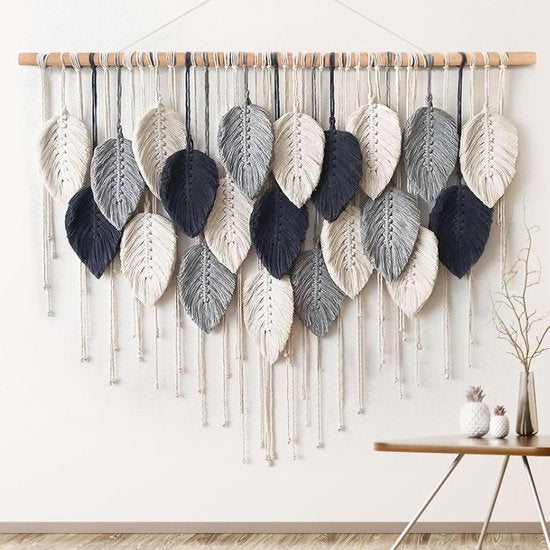 Groot wandtapijt, boho macramé, geweven, handgemaakte kwastjes, blad-wandtapijt, Boheemse