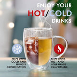 Dubbelwandige glazen koffiemokken met 4 lepels, 11oz set van 4 geïsoleerde glazen koffiemokken met handvat, heldere koffiemokken voor cappuccino, espresso, latte, thee, hittebestendige glazen om te drinken