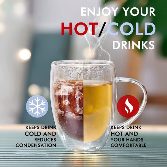 Dubbelwandige glazen koffiemokken met 4 lepels, 11oz set van 4 geïsoleerde glazen koffiemokken met handvat, heldere koffiemokken voor cappuccino, espresso, latte, thee, hittebestendige glazen om te drinken