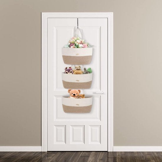 Deurorganizer, vilt, hangorganizer, deur, 3 vakken, wandhangenorganizer, deuropslag, hangende opslag, tas van katoenen touw voor slaapkamer, geweven, geel