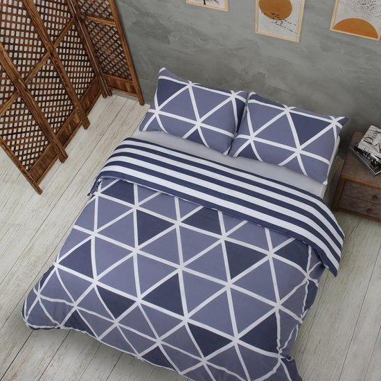 beddengoed 200x200 3-delig blauw - Oeko-TEX 80% katoen & 20% polyester, 1x dekbedovertrek met ritssluiting + 2x kussensloop 50x80 met envelopsluiting, streepmodel
