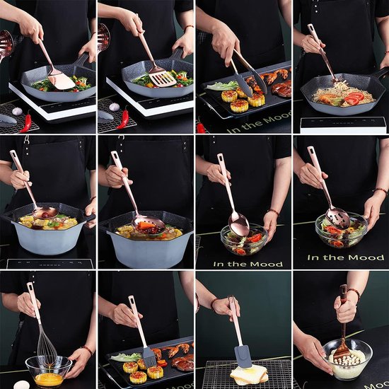 Set keukengerei van koper, 13-delig kookgerei van roestvrij staal met titanium roségouden coating, keukengereiset met keukengereihouder voor anti-aanbakkookgerei (13 verpakkingen)