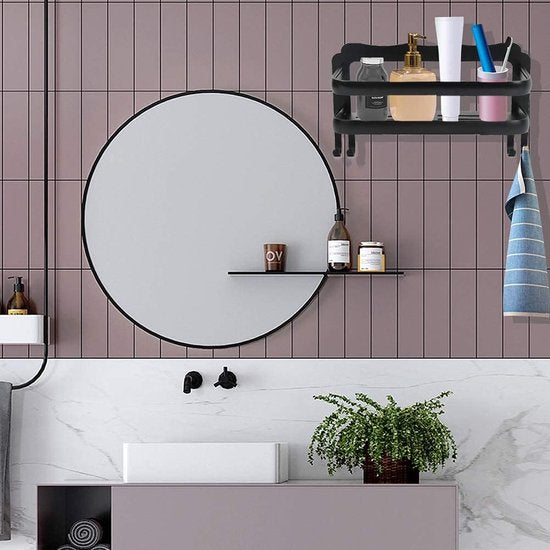 Doucheplank zonder boren Douchemand met haken, zelfklevende badkamerplank met lijm, badkamerplank, badkamerorganisator, doucheplank, wandgemonteerde plank voor badkamer, zwart