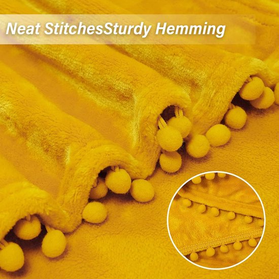 flanellen deken Pompoms knuffeldeken bankdeken 150 x 200 cm - fleecedeken voor bank zacht en warm, pluizige deken 150 x 200 cm als bankdeken bankdeken (geel, 150 x 200 cm)