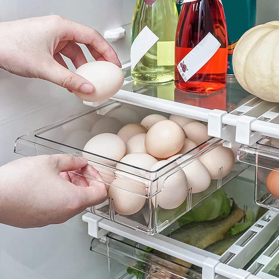 Koelkastorganizer, doorzichtige koelkastopbergdoos, uittrekbare instelbare koelkastbox met handvat, koelkastlade-organizer voor koelkast, kasten, voorraadkast