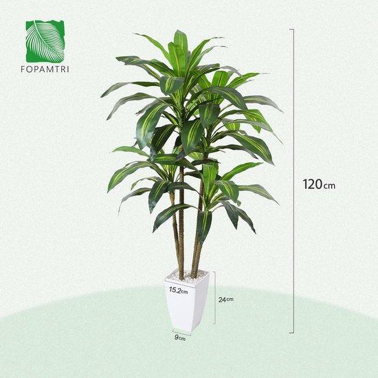 Kunstmatige drakenboom, 120 cm, kunstplant met 74 bladeren, tropische plastic kunstplanten in pot, voor woonkamer, slaapkamer, kantoor, tuindecoratie