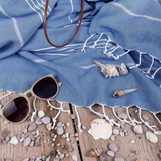 Set van 2 premium hamamdoeken met handgeknoopte franjes, 100% katoen, strandhanddoek, Oeko-Tex 100, groot strandhanddoek, saunahanddoek en reishanddoek, hemelsblauw, 95 x 180 cm