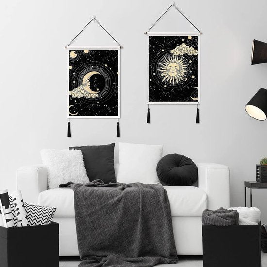 2 stuks maan en zon wandtapijt met kwastjes tarot zwarte banner wandbehang wandkleed bohemian psychedelisch muurkunst decor voor slaapkamer woonkamer