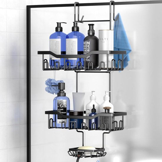Doucheplank om op te hangen, 3-deurs doucheplank zonder boren, doucheplank, badrek, douchemand, hangend, shampoohouder, douchehangrek voor glazen deur, douchewand met zeepbakje en haak (zwart)