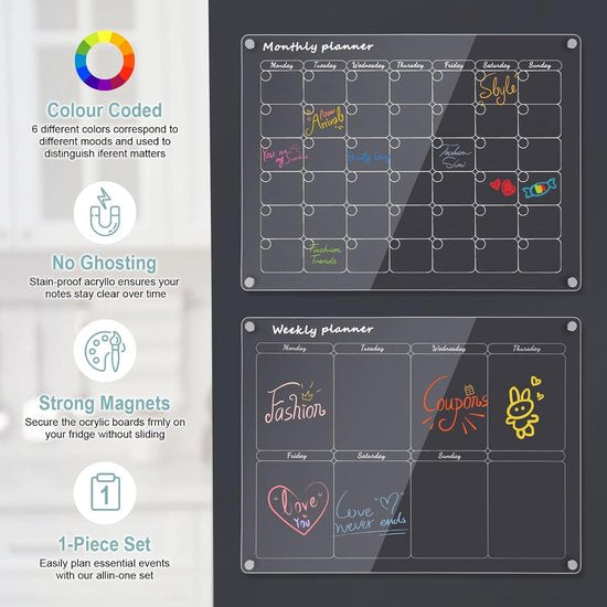 Acrylic weekplanner, magnetisch, weekplanner, afwasbaar, voor koelkast, 39 x 30 cm, herbruikbare planningsplaten voor organisatie, menuplanning en slist