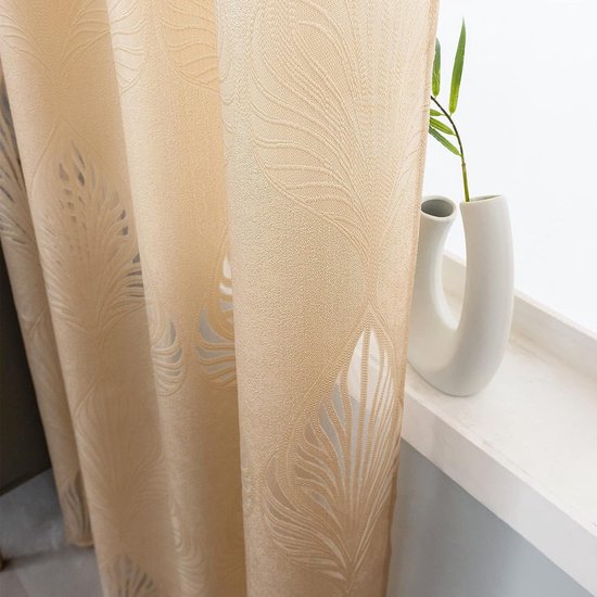 Gordijngordijn, bladeren, jacquard winkel, gordijnen, semi-transparant, stof, voile, decogordijn, lichtdoorlatend, raamgordijn, gordijn met ogen, zacht, 140 x 245 (b x h) cm, beige (1 stuk)